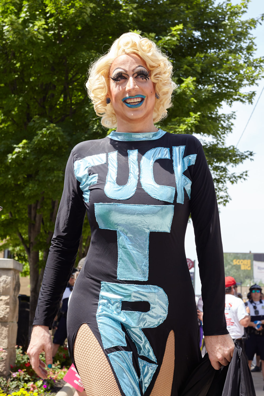 A drag queen wears a "Fuck Trump" dress during the Big Gay Dance Party