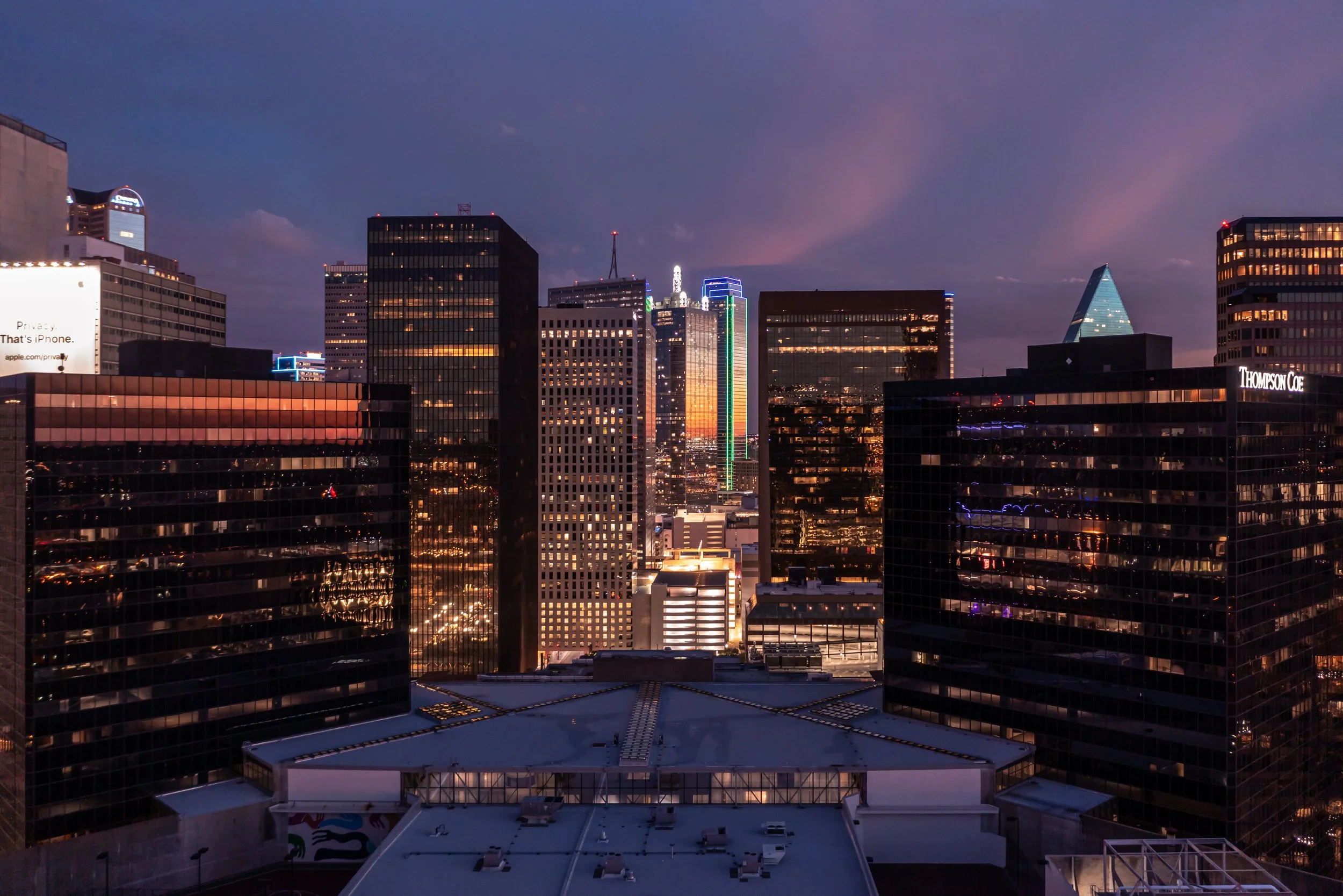 Downtown Dallas Renaissance Tower and BoA Plaza Between Buildings Aerial Vibrant Sunset.jpg