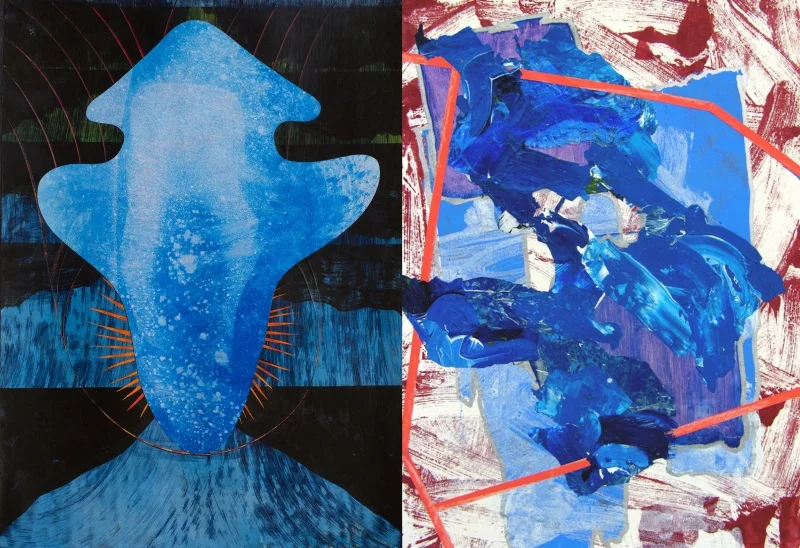 Images left to right: Miguel Rodriguez: Ange , 2017, acrylic and collage on paper, 15" x 11" Tim McFarlane: Uncharted (Blue Seas) , 2017, acrylic on paper, 15" x 11"