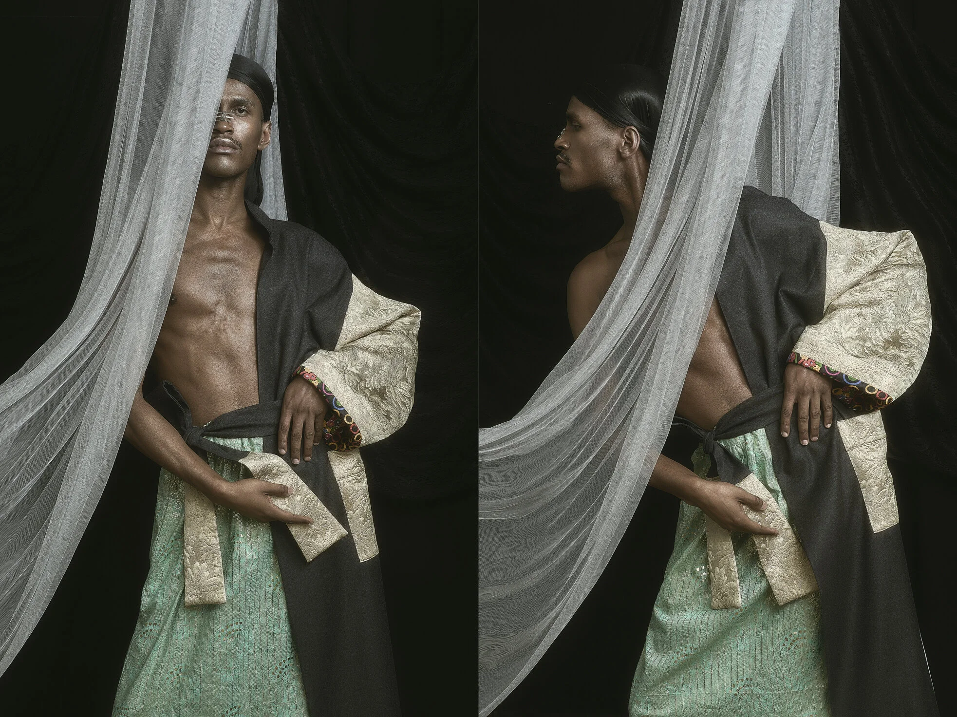 Wool coat with recycled brocade sleeves and light green cotton long skirt