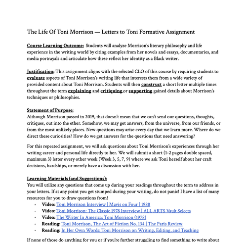 Letters To Toni - Formative Assignment