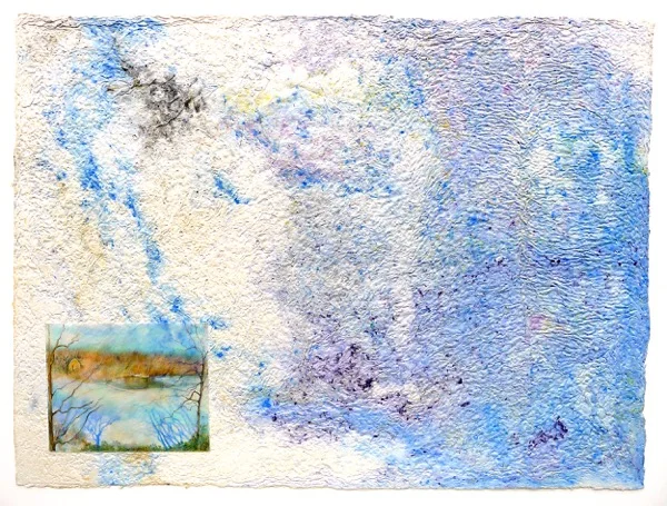 Wendy Shalen, Lake View Near and Far , 2015, pigmented cotton pulp, color pencil on shrinkable plastic, 30 x 40 in.