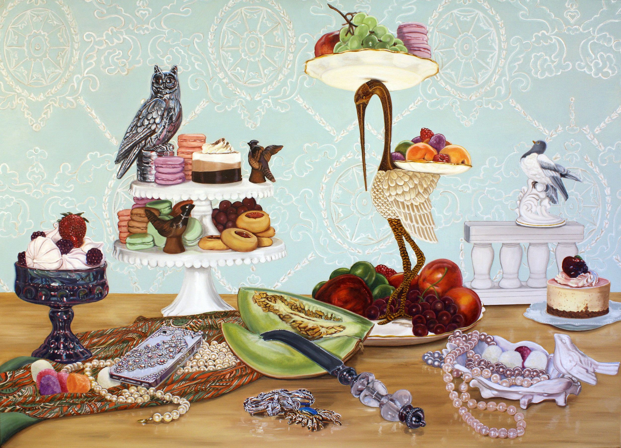 "Still Life with Birds and Desserts," ©2015 Lisa Ficarelli-Halpern Solo Exhibition by Lisa Ficarelli-Halpern comprised of over a dozen original paintings, on display May 9 through June 29, 2015 at The Oyster Point Hotel Gallery Space, 146 Bodman Place, Red Bank, tel. 732-530-8200. Artist’s Opening Reception May 15th, 7-9 PM