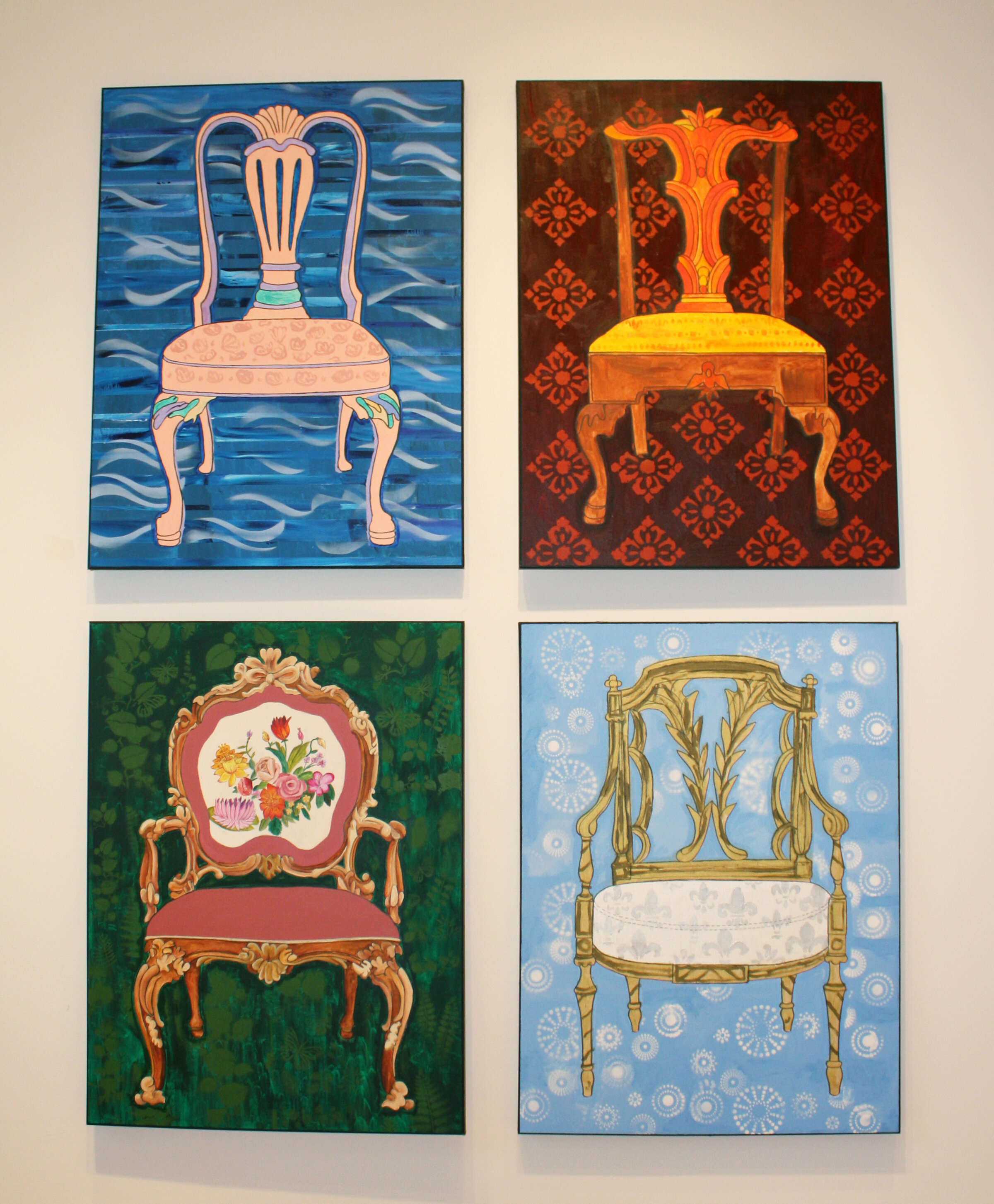   Dialogue of Four Chairs: Air, Earth, Fire &amp; Water  ©2015 Each Panel: Acrylic on canvas, 48 x 36” Chairs of Inclusion Collaborative Project -WAE Center, West Orange, NJ 