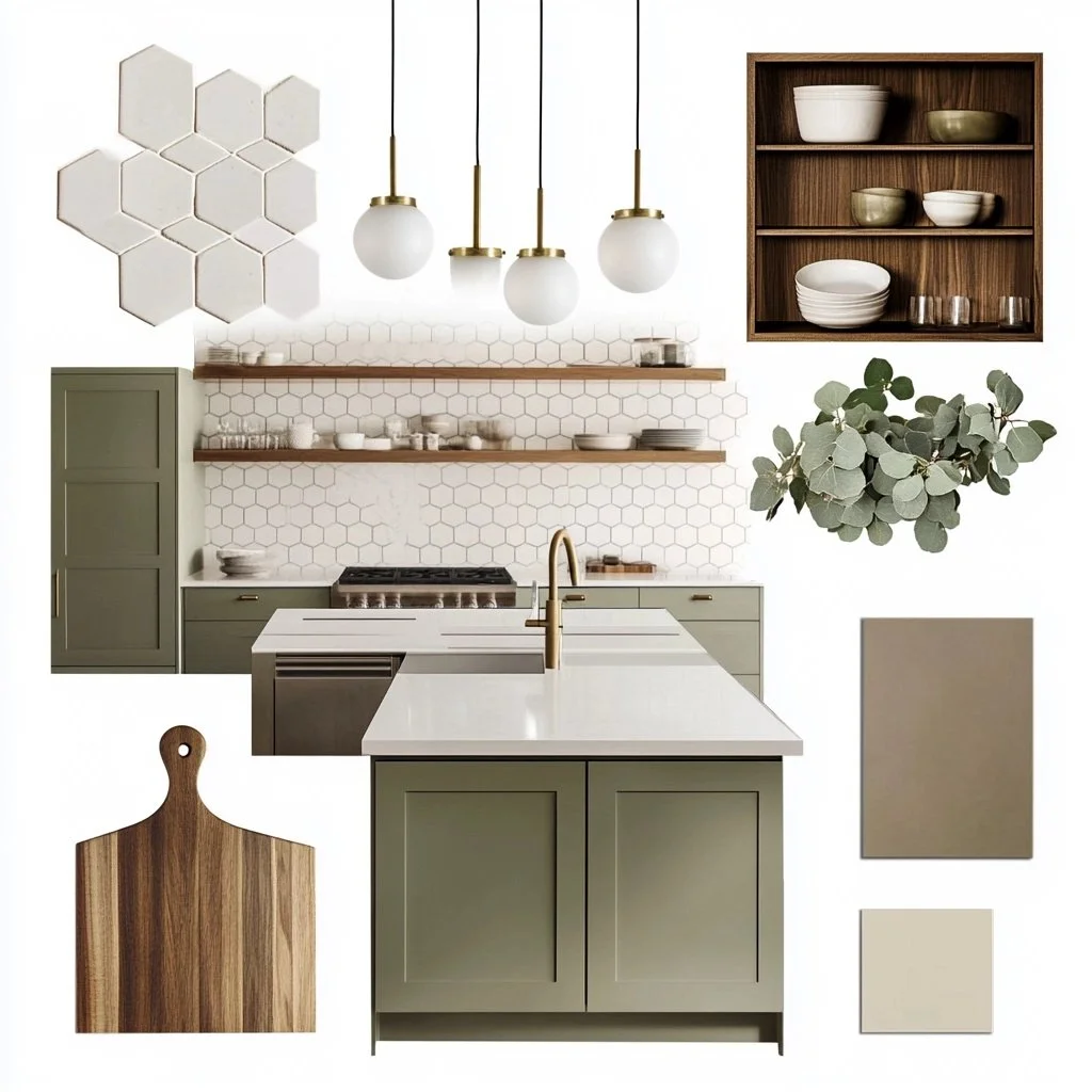 Moodboard for sage green kitchen remodel in Mission Hills San Diego by Honeycomb Design and Build