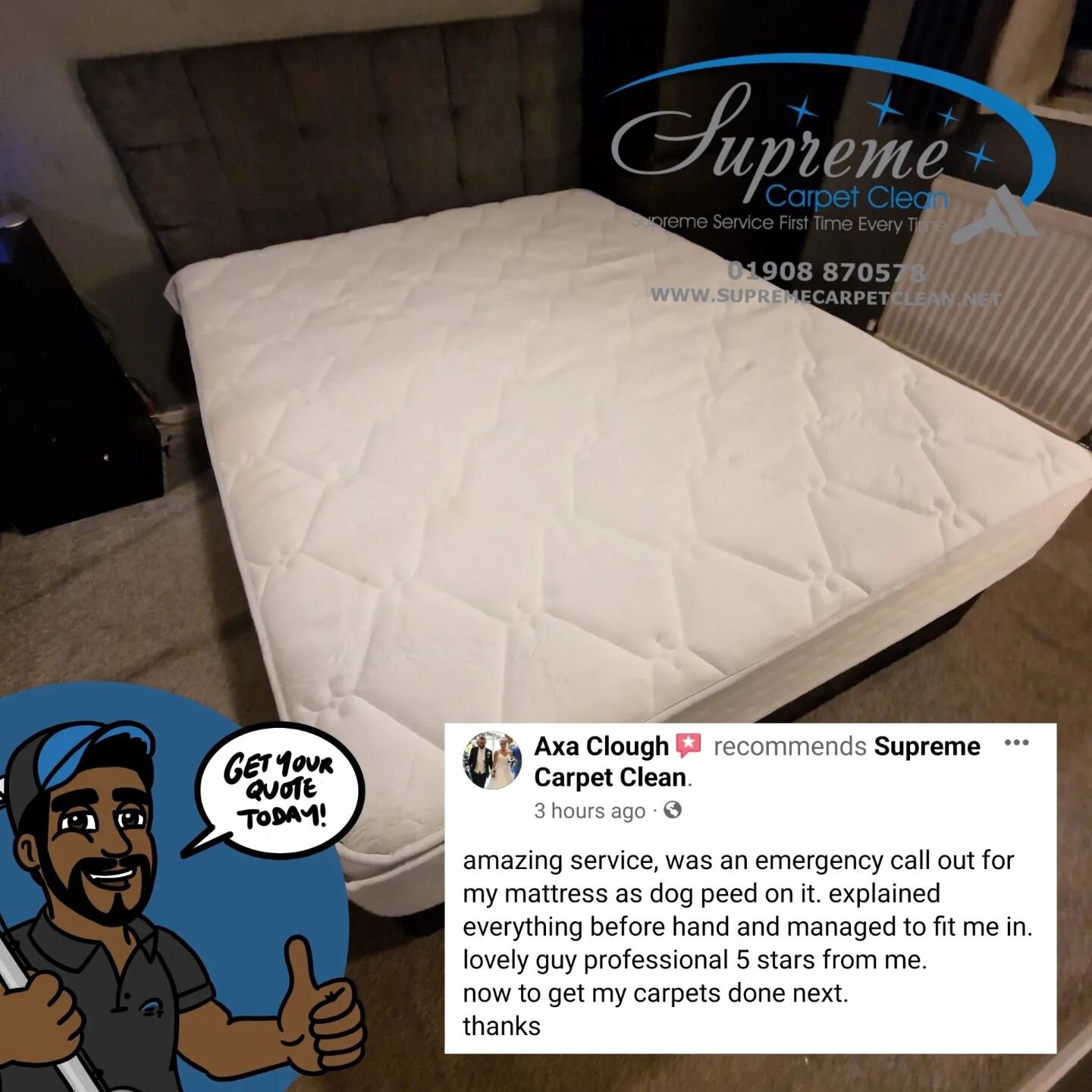 Happy customer - A recent mattress clean completed by Supreme carpet clean.

FREE QUOTES AVAILABLE - WE COVER NATIONWIDE
.
.
.
.
.
.
.
.

#mattresscleanmiltonkeynes #Supremecarpetclean #mattresscleaning #dogurine #mattresscleaningmiltonkeynes #mattre