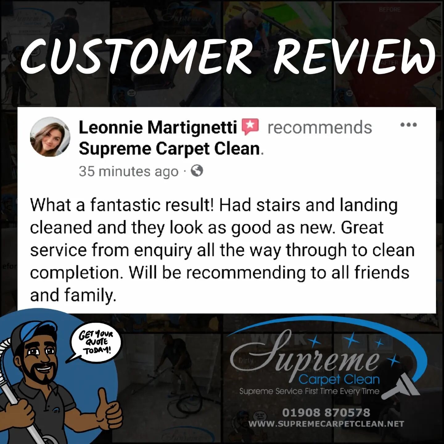 Customer feedback received for a carpet clean completed recently in Milton Keynes 

#FacebookReview #customerexperience #happycustomer #Supremecarpetclean #customerappreciation ##carpetcleaning #review #carpetcleanmiltonkeynes