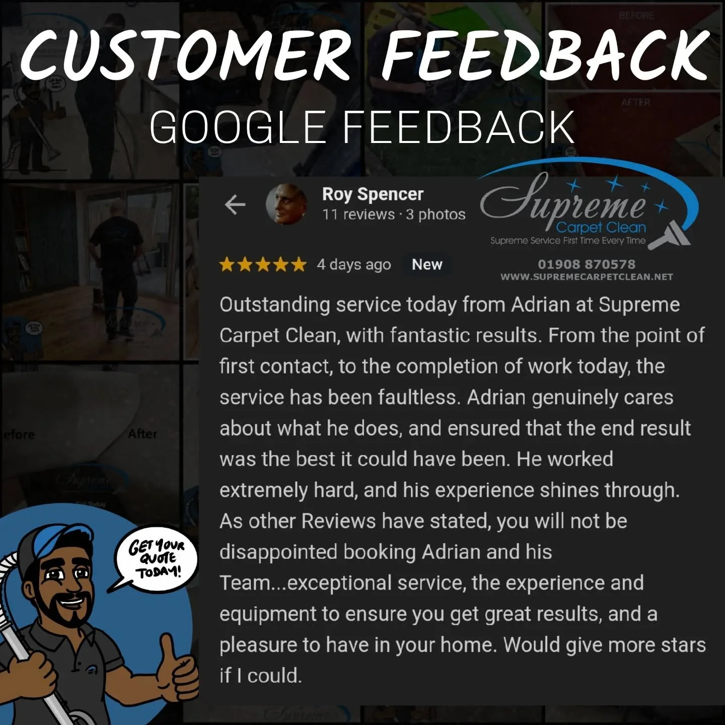 GOOGLE REVIEW RECEIVED

This customer had tried another company before&hellip; but decided to give Supreme Carpet Clean a go. Check out what he had to say.

Based in Milton Keynes but covering Nationwide 

Contact us for a FREE QUOTE TODAY