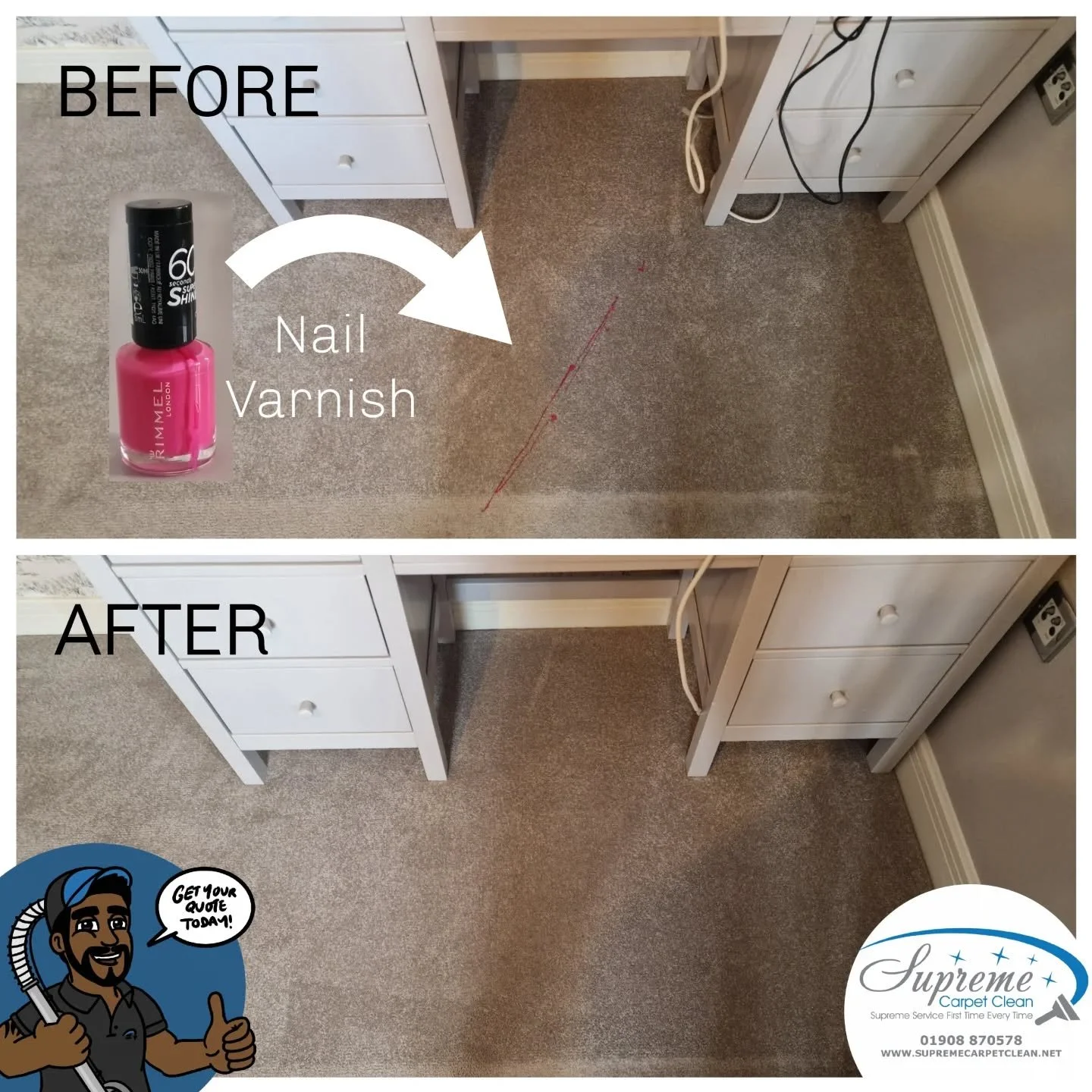 Over the years, I’ve removed alot of nail polish from carpets — but Rimmel’s 60 Seconds Polish stands out as the toughest to break down. It’s clearly built to last on nails… and unfortunately, on carpets too! (The bottl