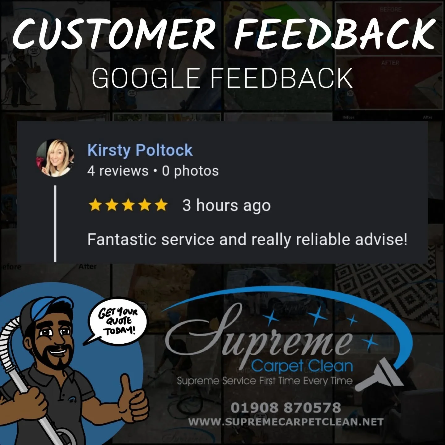 It's always great hearing feedback like this!  Reliable advice and fantastic service are what we&rsquo;re all about at Supreme Carpet Clean.

Thank you for trusting us &mdash; If you want a company with GENUINE years of experience and truly cares abo