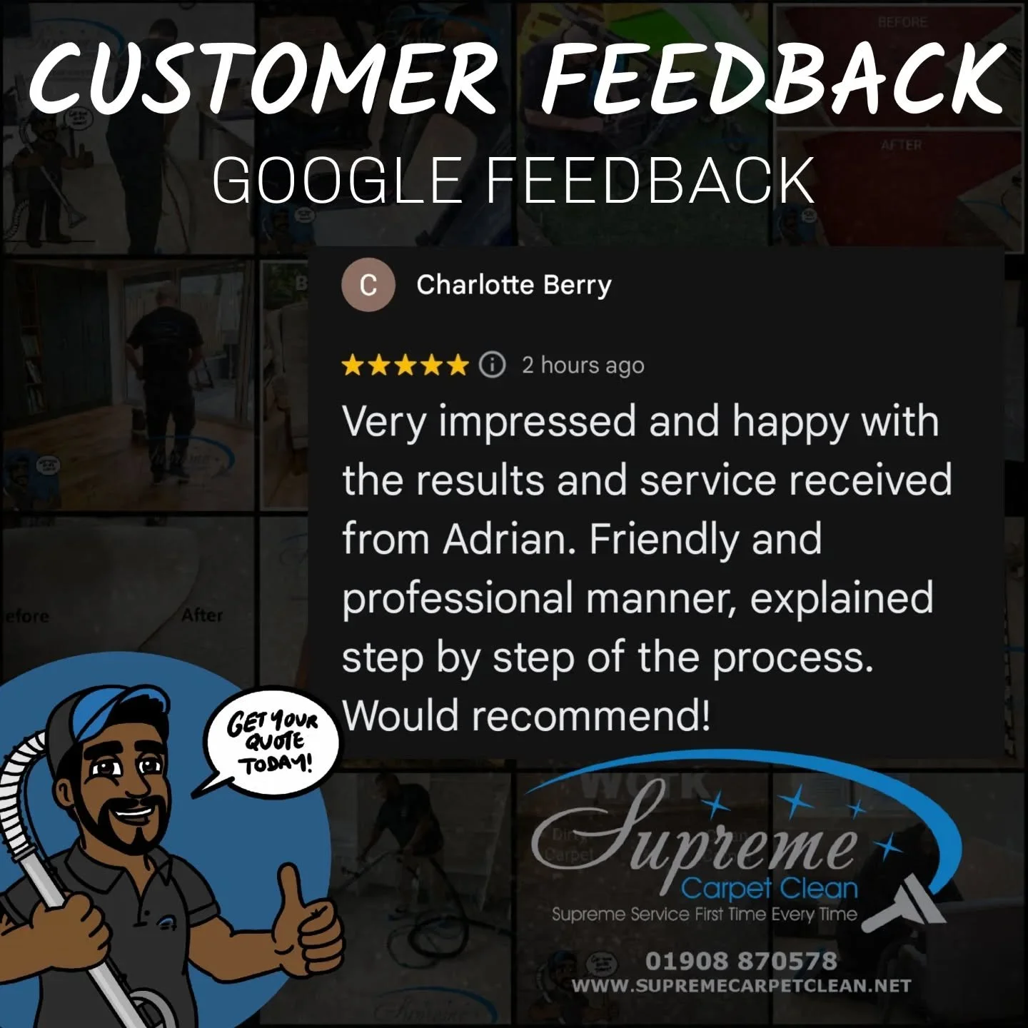 It&rsquo;s always great to hear from our customers. This is a review received on Google received recently. Thank you for trusting us to take care of your carpets

If your carpets could use a refresh, get in touch today for your free quote!

www.supre