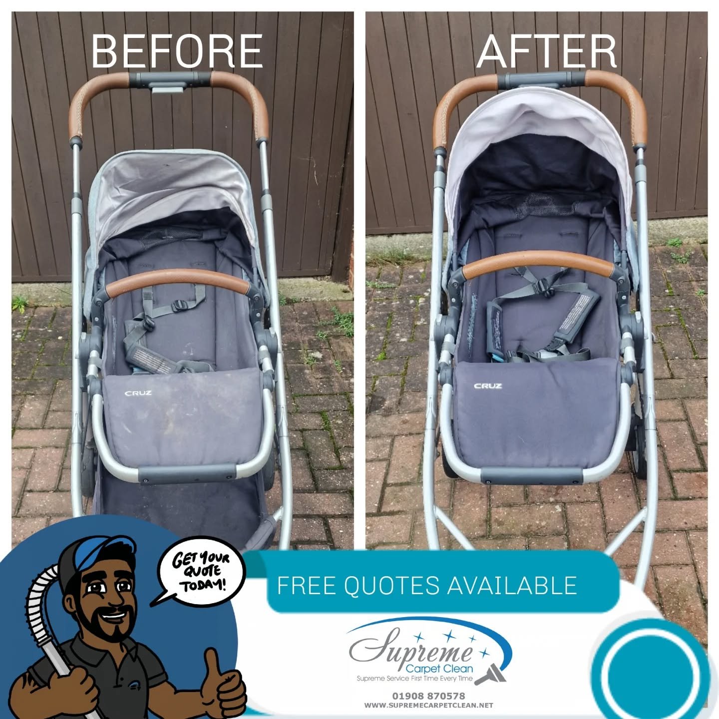 Is your pushchair looking grubby?

Your little one spends a lot of time in there &mdash; crumbs, everyday use and general build-up can leave pushchairs looking tired and not-so-fresh.

At Supreme Carpet Clean, we professionally clean pushchairs to re