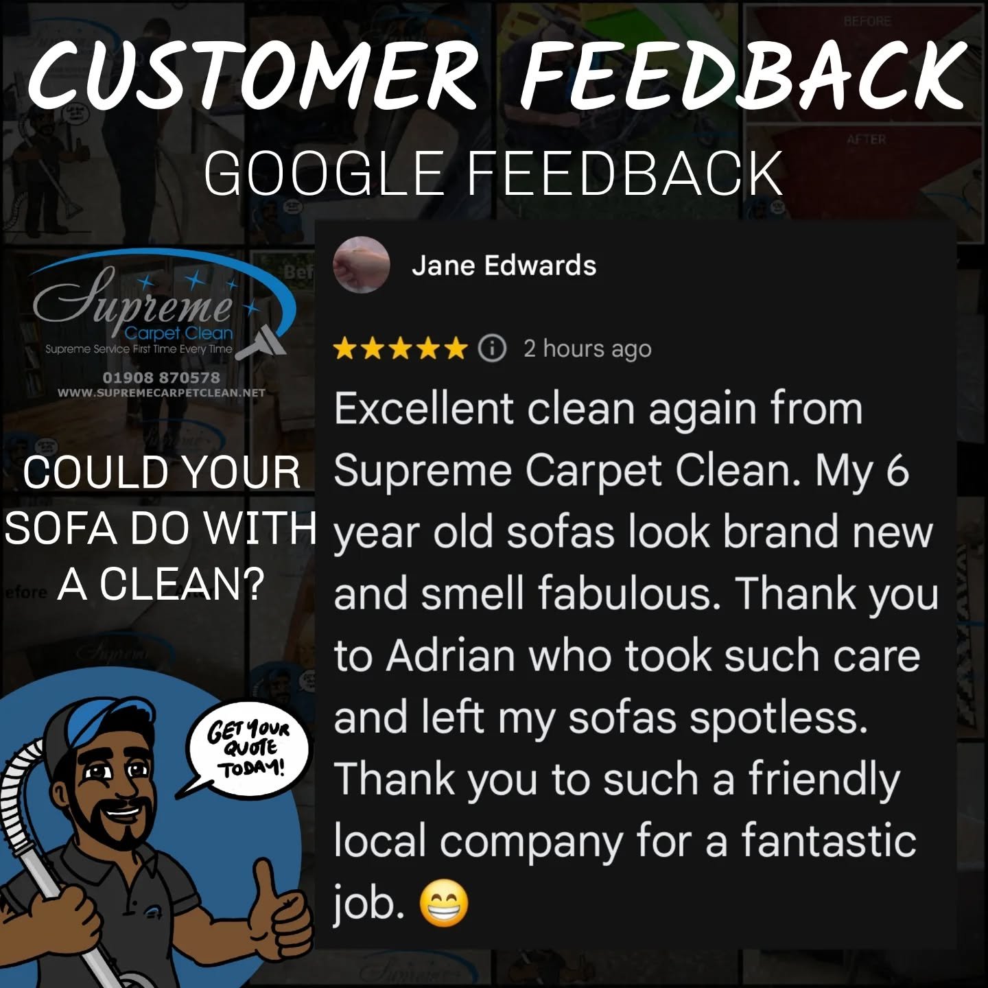 Nothing beats feedback like this 💙

Sofas brought back to life and smelling fresh again &ndash; this is exactly why we love what we do. 

Huge thanks to our lovely repeat customer for the kind words and for trusting us with their home.

When was you