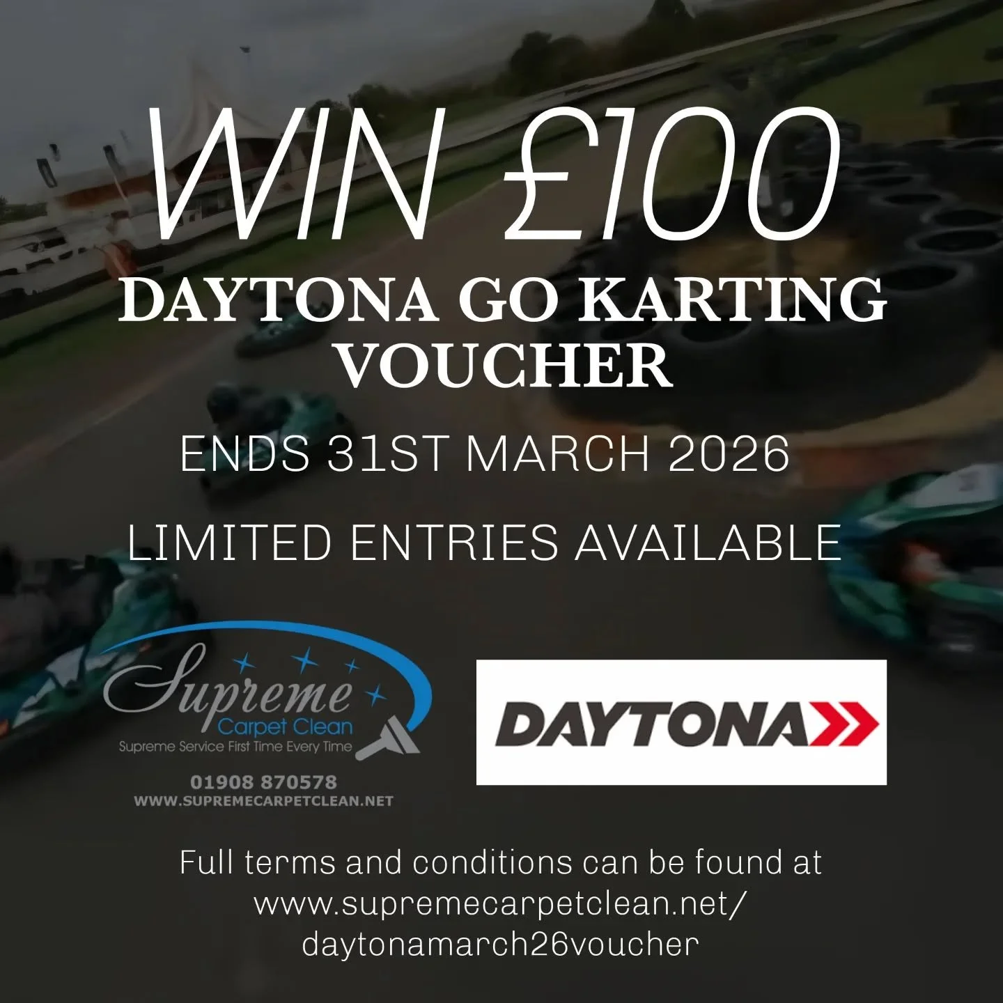 Book Your Clean &amp; Win &pound;100 Daytona Voucher

We&rsquo;re giving away 2 x &pound;100 gift vouchers for Daytona Motorsport &mdash; and entry is simple.

Just book your any service for example a carpet or upholstery clean with Supreme Carpet Cl