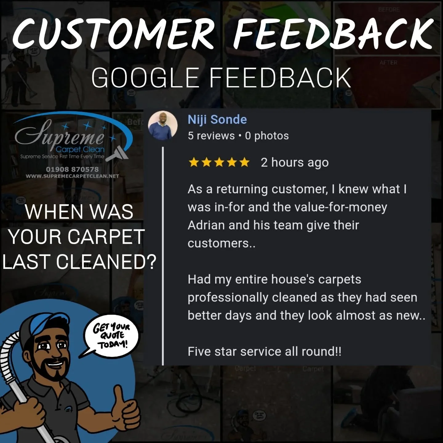 Another ⭐⭐⭐⭐⭐ review and we&rsquo;re so grateful!

We recently carried out a carpet clean and the customer was kind enough to leave us a 5 star review on Google. It honestly means the world to our small local business 🙌

Fresh, clean carpets make su