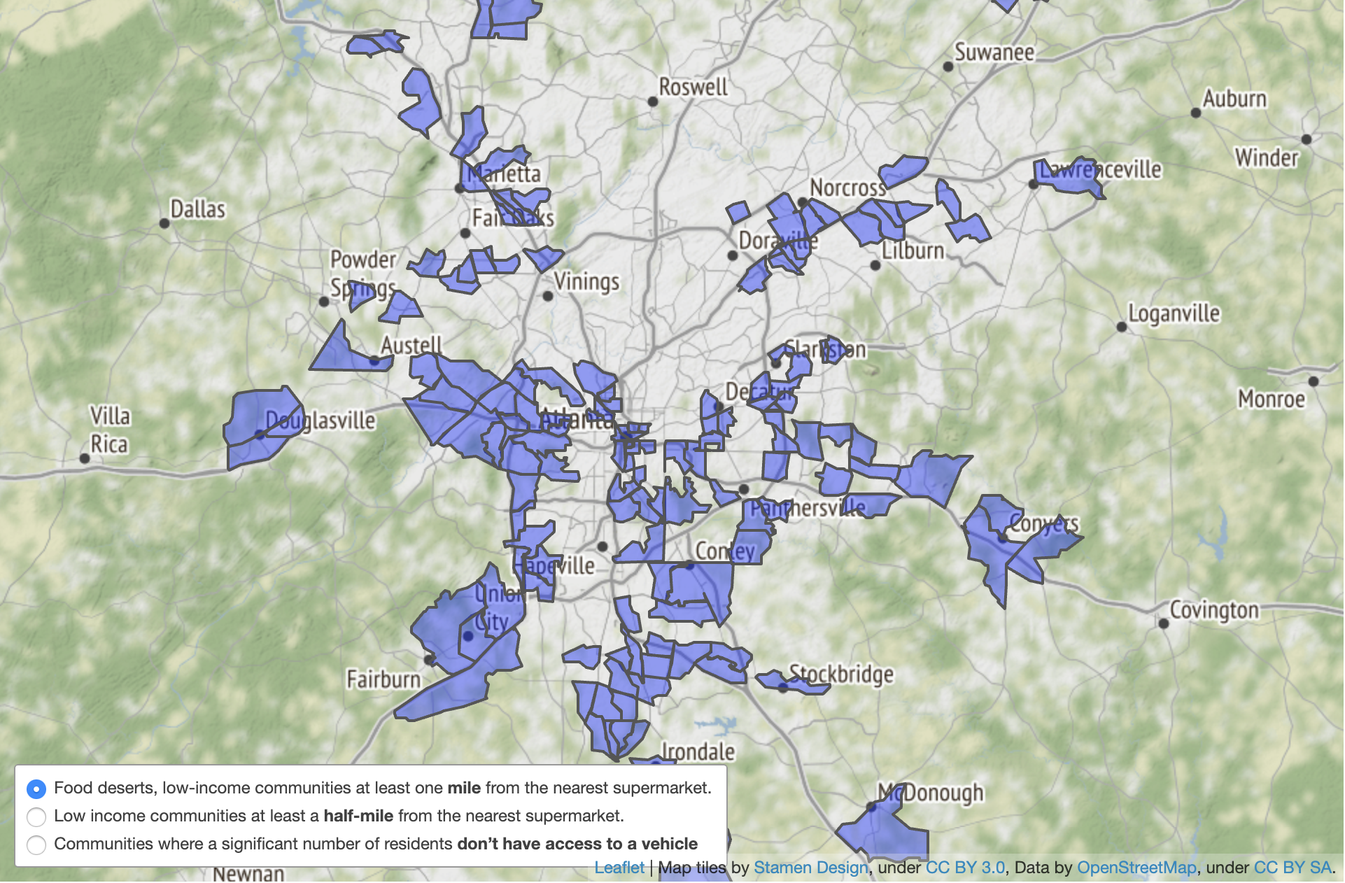 Map of low-income communities at least one mile from the nearest supermarket | Source AJC