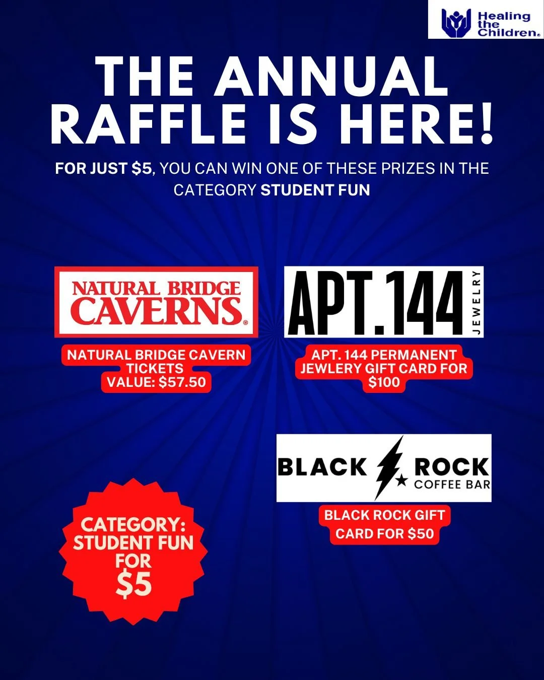 🎉 THE ANNUAL RAFFLE IS HERE! 🎉
Support a great cause and win amazing prizes for just $5 per ticket! 💙
Check out some of the incredible prizes you could win in the Student Fun and Fitness Your Way categories 😀