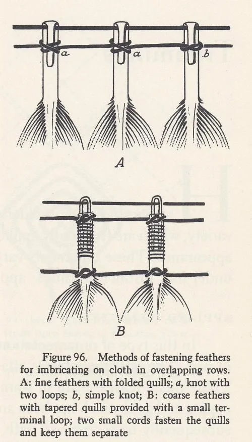 A demonstration of feather weaving from "Textiles of Ancient Peru and Their Techniques," Raoul d’Harcourt, 1962.