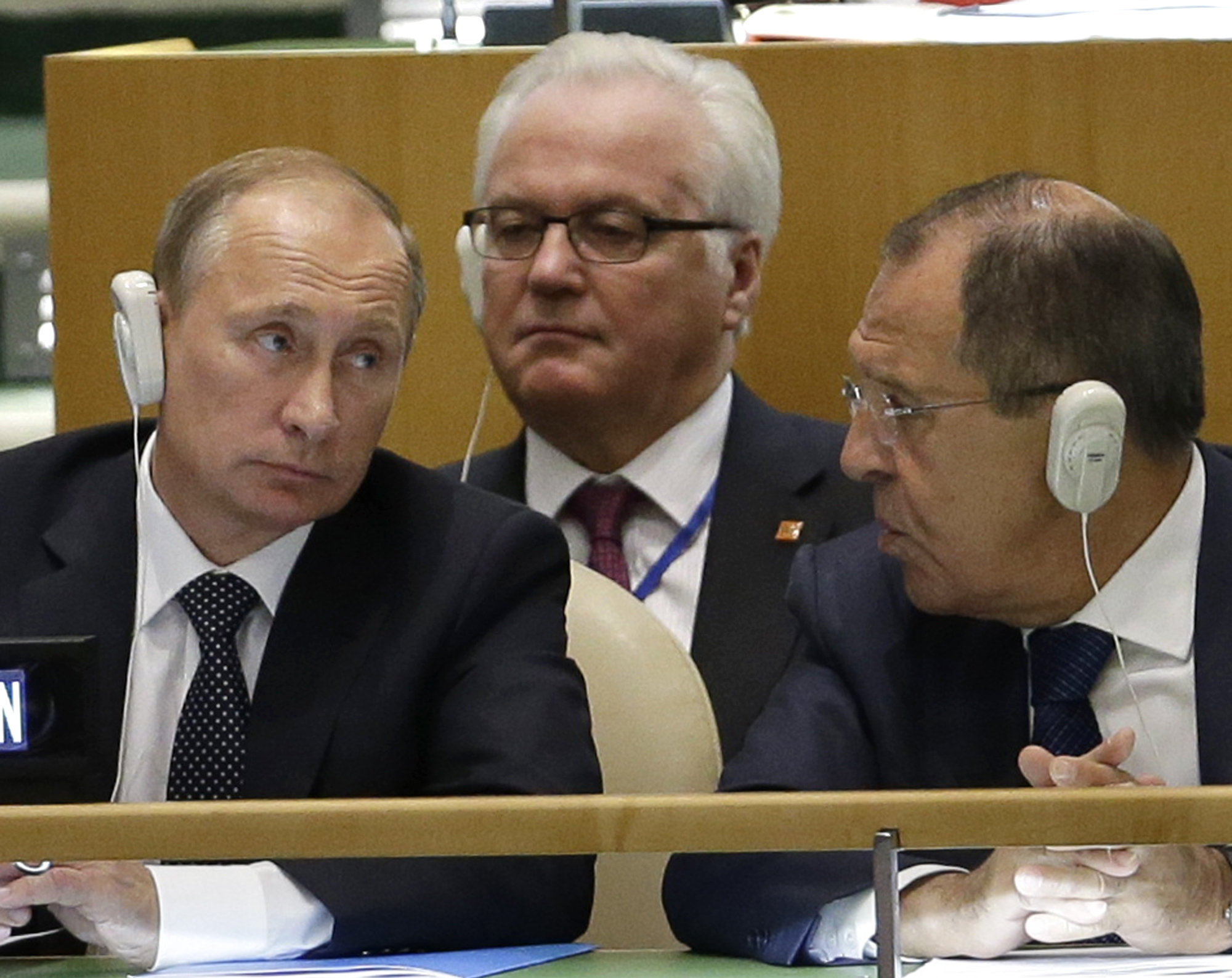 Russian President Vladimir Putin in an undated photo at the United Nations with his permanent representative to the United Nations, Vitaly Churkin, who died of cardiac arrest in New York in February 2017. Also pictured, at right, is Russian Foreign Minister Sergei Lavrov.