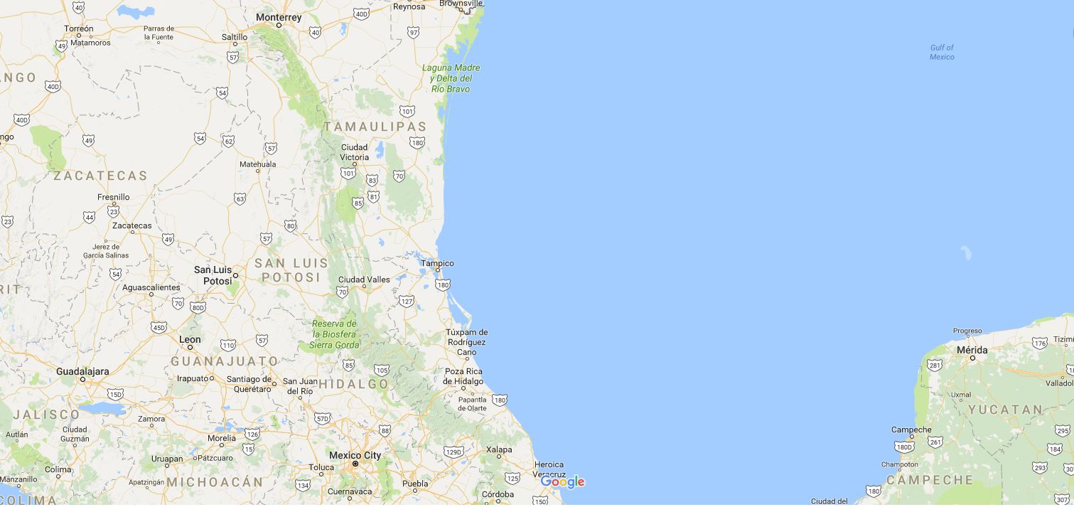 See Brownsville at the top and Puebla due south at the very bottom. The Yucatan Peninsula is to the east. Puebla was originally known as Puebla de los Angeles, but was changed to Heróica Puebla de Zaragoza after the general's shocking defeat of the much larger French army. Credit: Google Maps.