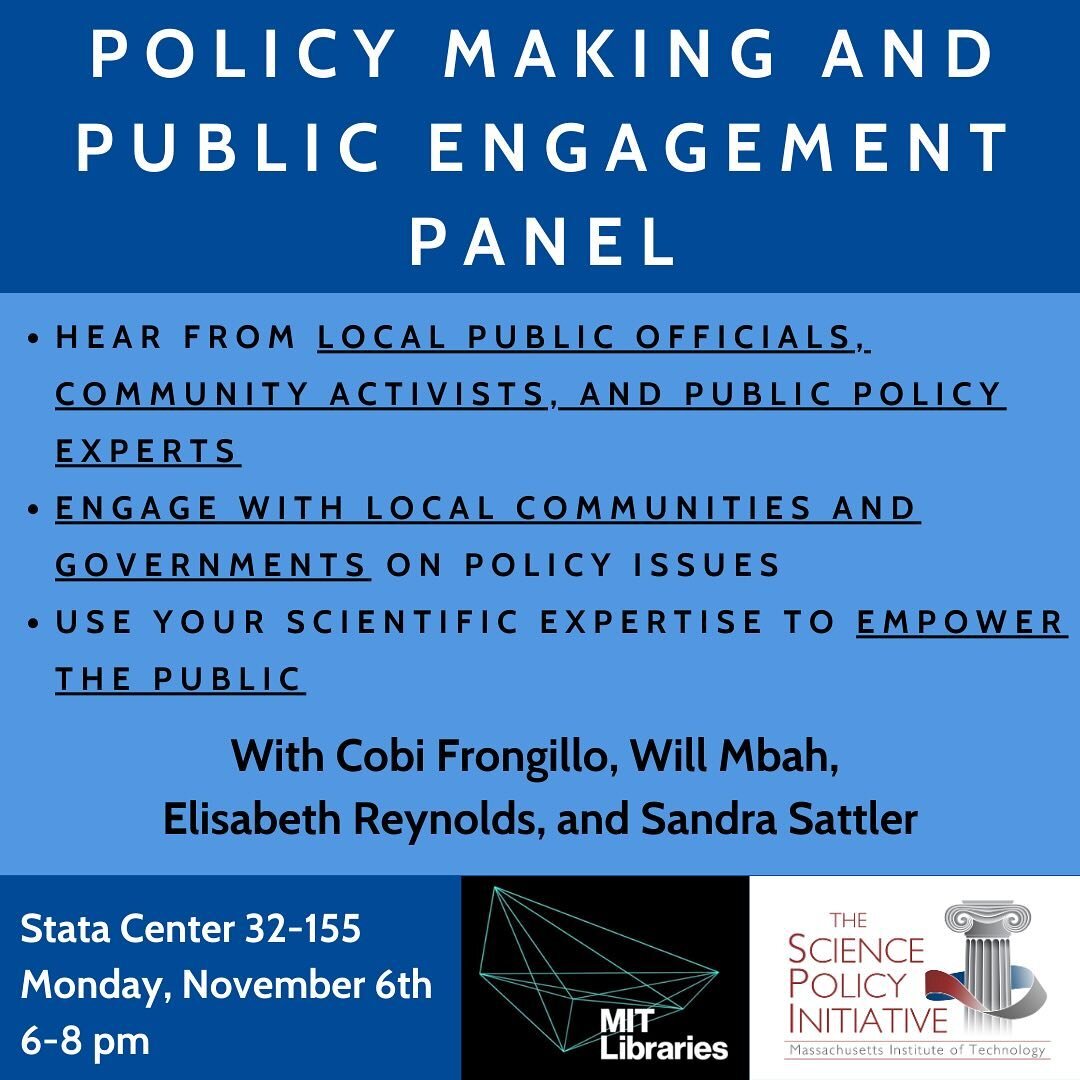 Join SPI and MIT Libraries for a panel on Policy Making and Public Engagement, followed by dinner! Hear from local public officials, community activists, and experts in public policy. We will discuss how Institute members can use their research skill
