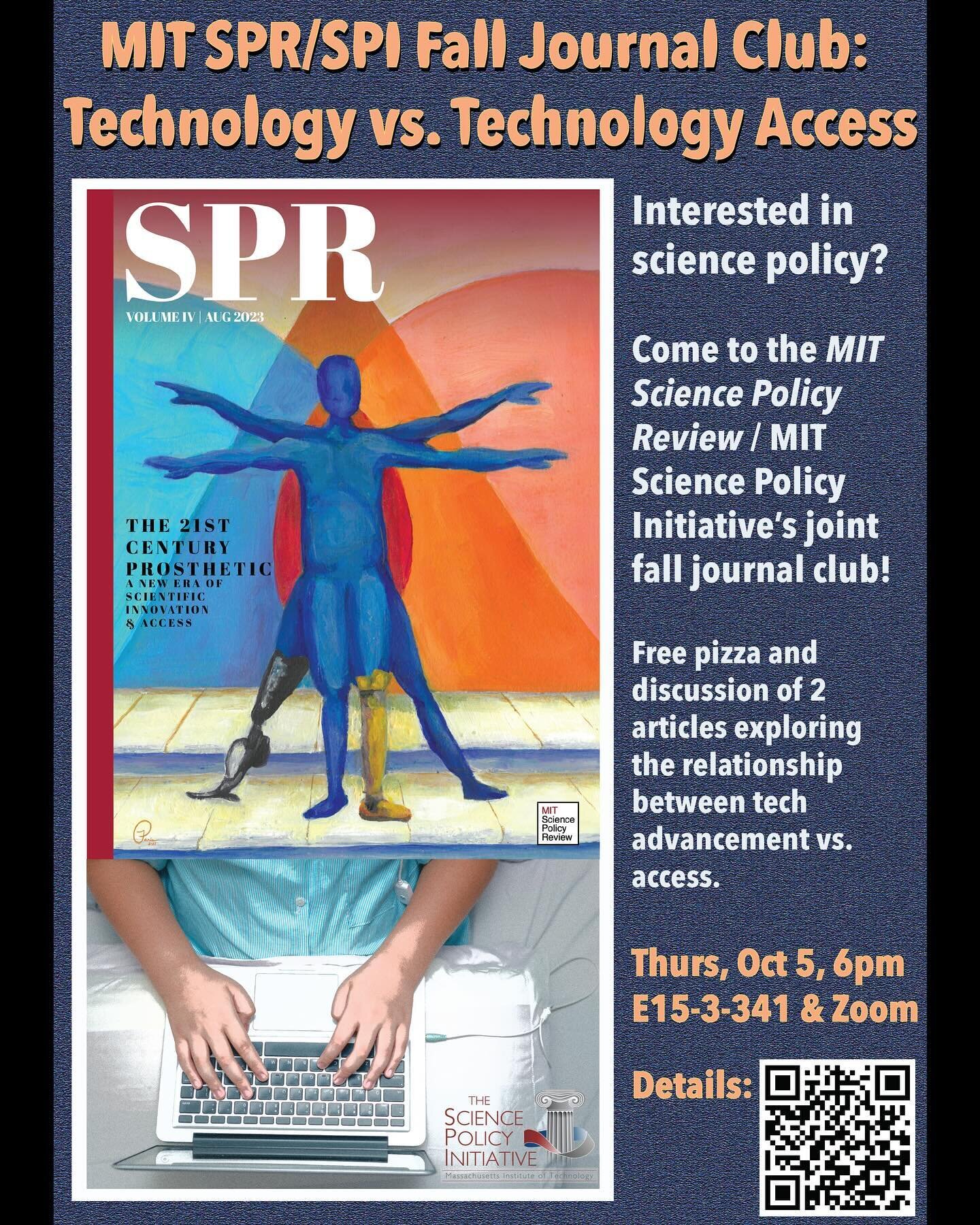 MIT SPI is excited to announce a fall journal club we&rsquo;re hosting in collaboration with @mit_spr focused on access to technology! Join us on October 5th for free pizza and a discussion of prosthetics access and One Laptop Per Child. Learn more a
