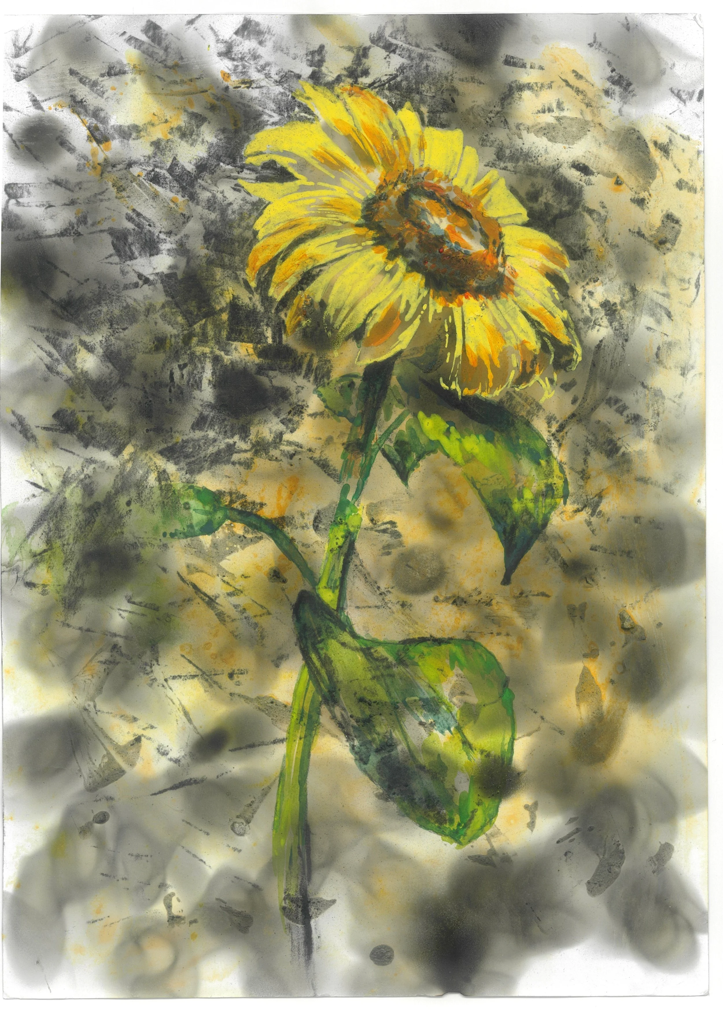 Yellow sunflower painting, overlaid with ash and charcoal