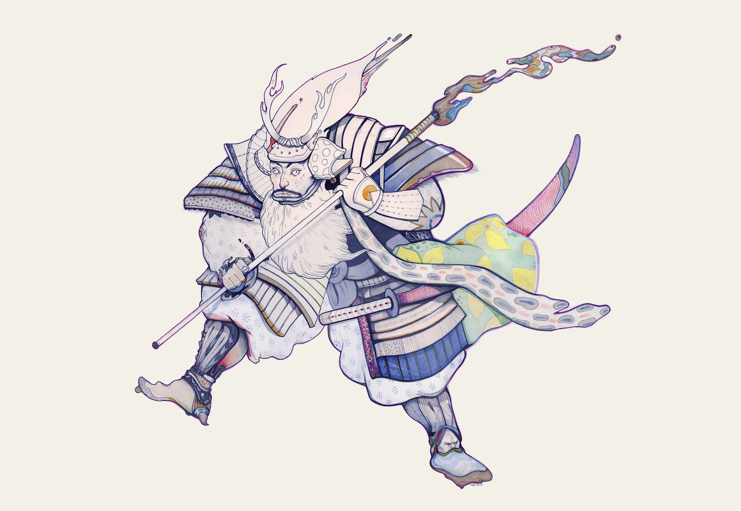 Artist: Jose Mertz Title: Liquid Samurai Size: 24 x 32in Medium: Mixed Media on Paper / Framed Available