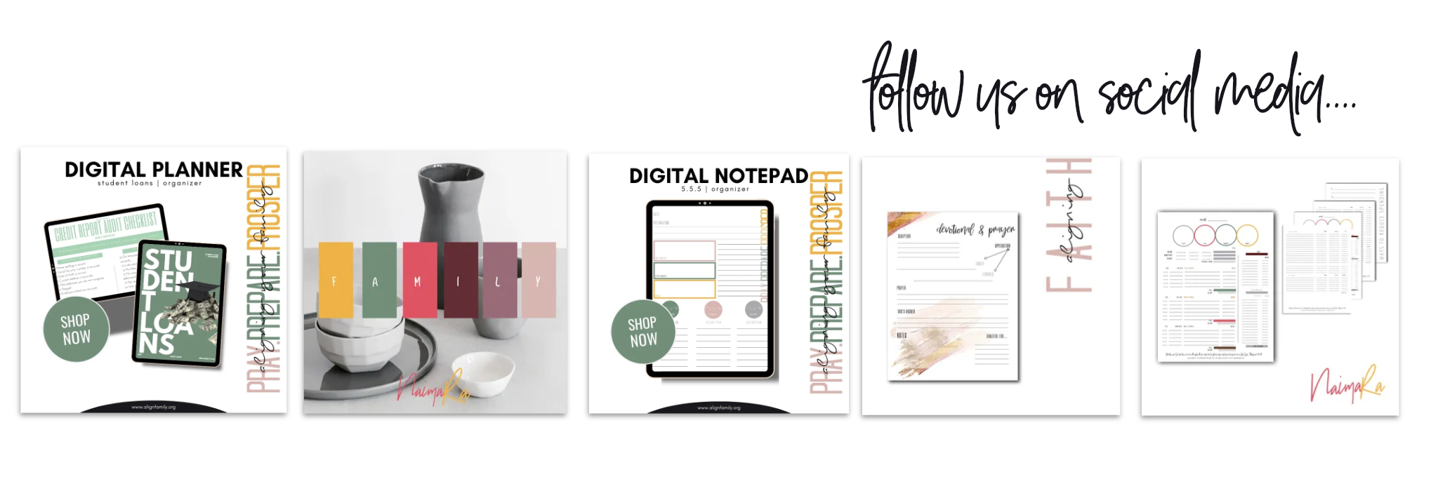 Align social media banner encouraging followers to engage with the brand. Contains various planner and stationery product images, including digital planners, notebooks, and accessories, with a handwritten-style message to follow on social media.