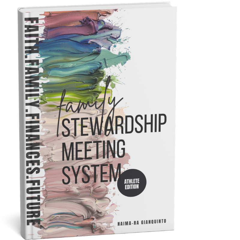 A book cover titled 'Family Stewardship Meeting System' with a multicolored paint splash background and black text, authored by Naima-Ra Gianquinto.