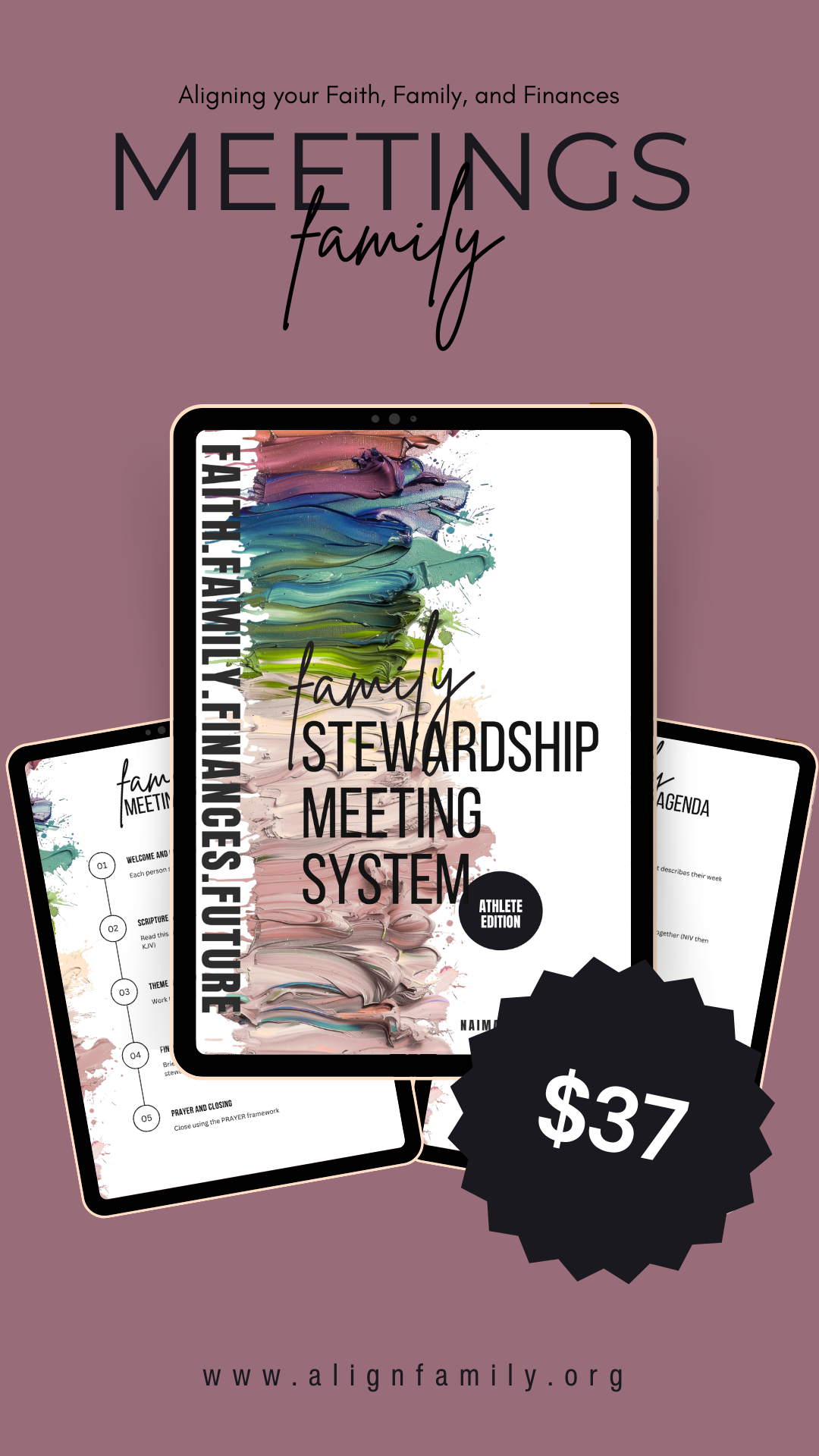 Promotional flyer for an athlete edition of a family stewardship meeting system, priced at $37, featuring colorful paint strokes and info about the event agenda, with a URL at the bottom.