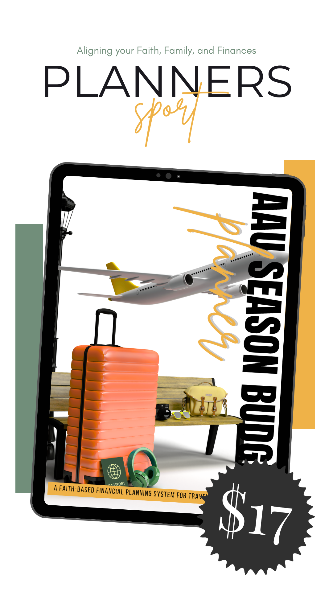 Cover of a travel planning book with a tablet showing an airplane, suitcase, sunglasses, and a bag, titled "Planners sport" with the subtitle "Aligning your Faith, Family, and Finances," priced at $17.