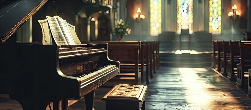 The grand piano in a warmly lit studio in Downtown Brooklyn.
