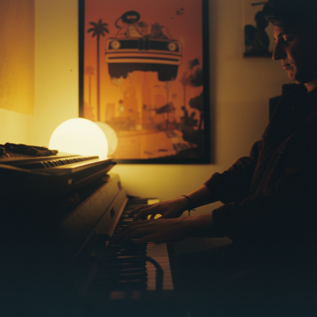 Pianist Graeme Gengras playing piano in his home studio lit by a warm lamp.