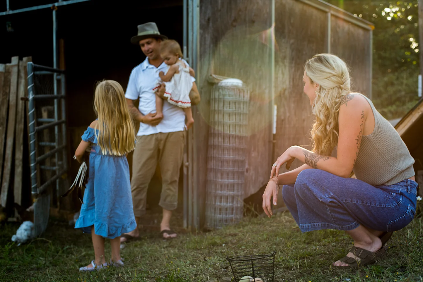 Family laughing in Kalama, Washington, at their home farm, photographed by Vancouver photographer Lillian Short.
