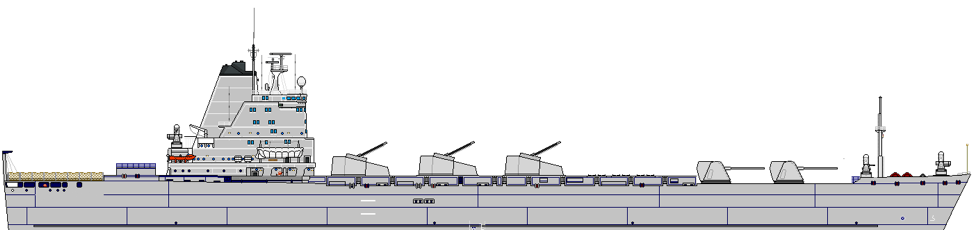 Figure SEQ Figure \* ARABIC
2 : A 17,000ton 23kt Group III reimagined as an NSFS ship with 5 guns, 2 64-cell VLS modules and self-defense weapons.