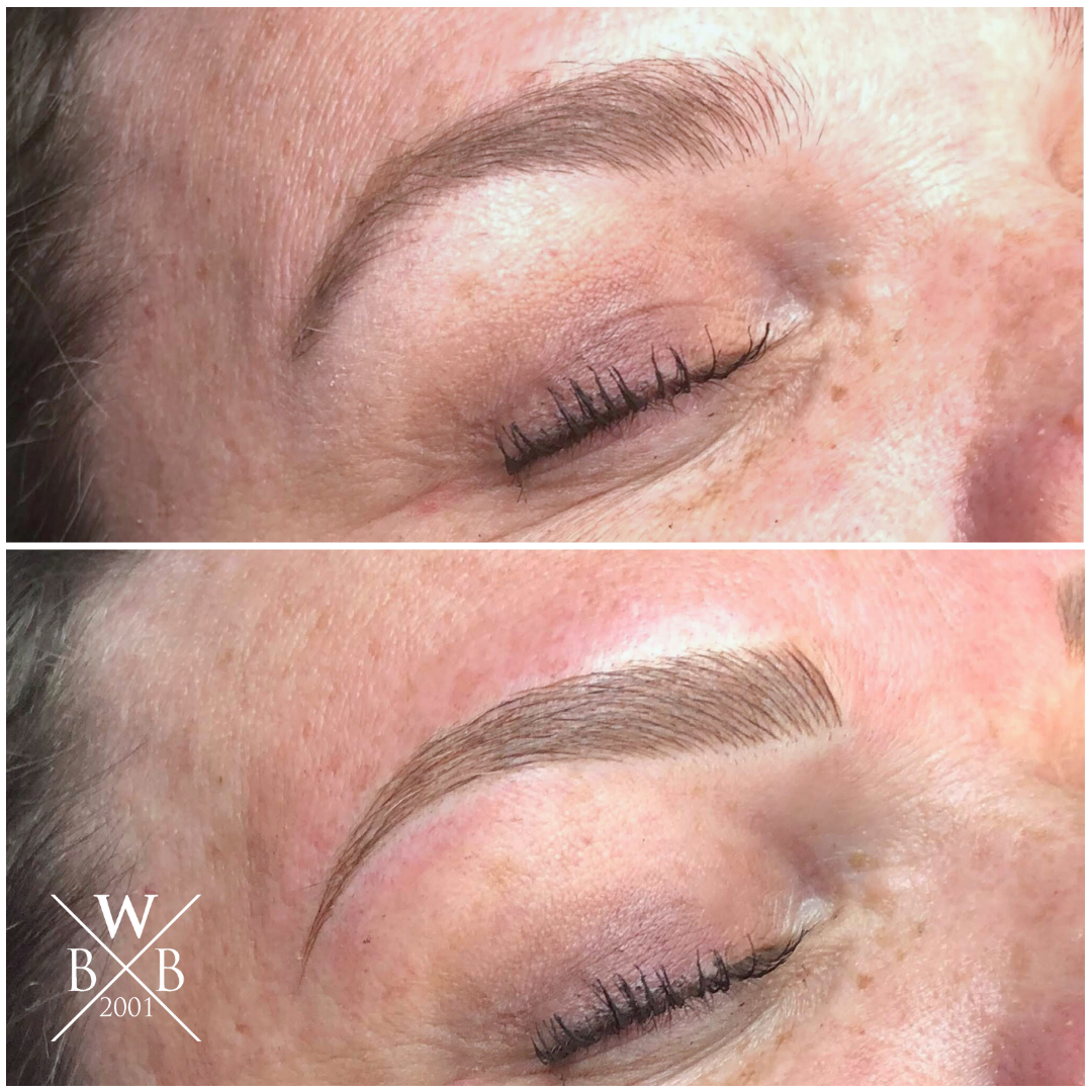Dramatic eyebrow transformation using manual nano-brows, featuring a custom-shaped arch and realistic density by a Utah specialist.