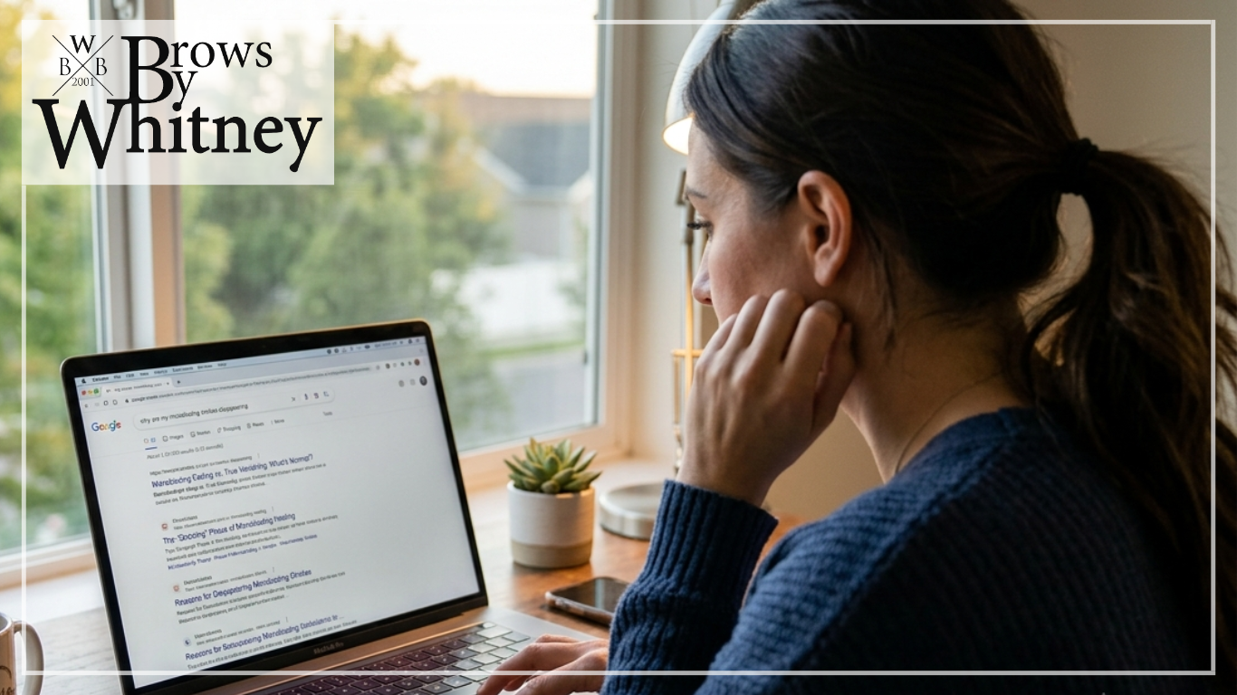 A worried woman searching online to learn why her microbladed eyebrow strokes are fading during healing.