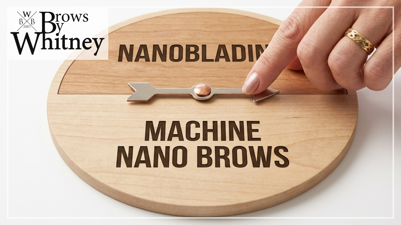 A hand preparing to spin a tabletop game spinner split into machine nano brows and nanoblading, helping clients choose the best microblading options in Salt Lake City.