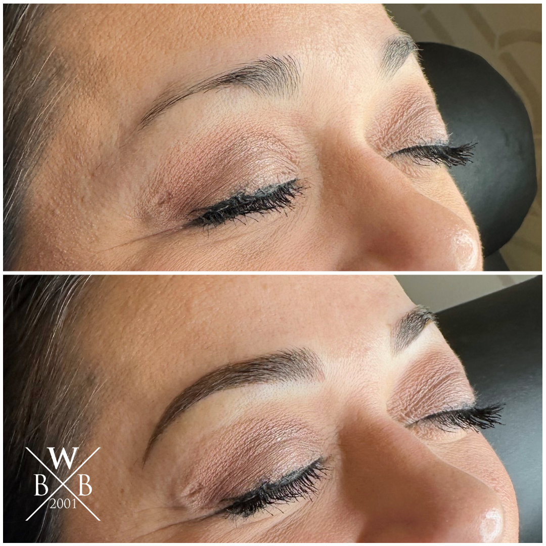 Before and after Utah microblading transformation showing 3D hair-like strokes.