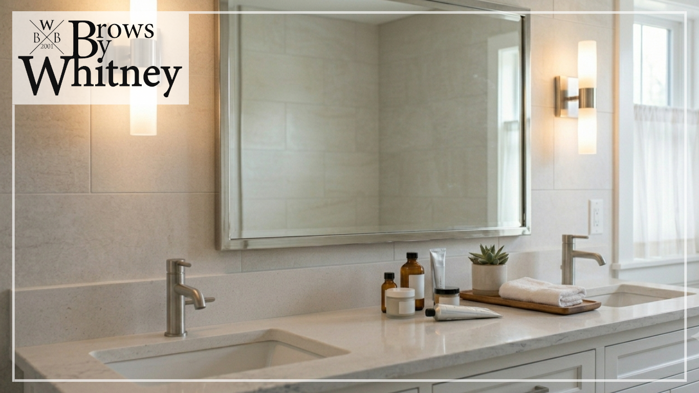 A bathroom vanity with skincare products to avoid during the microblading healing and ghosting phase.