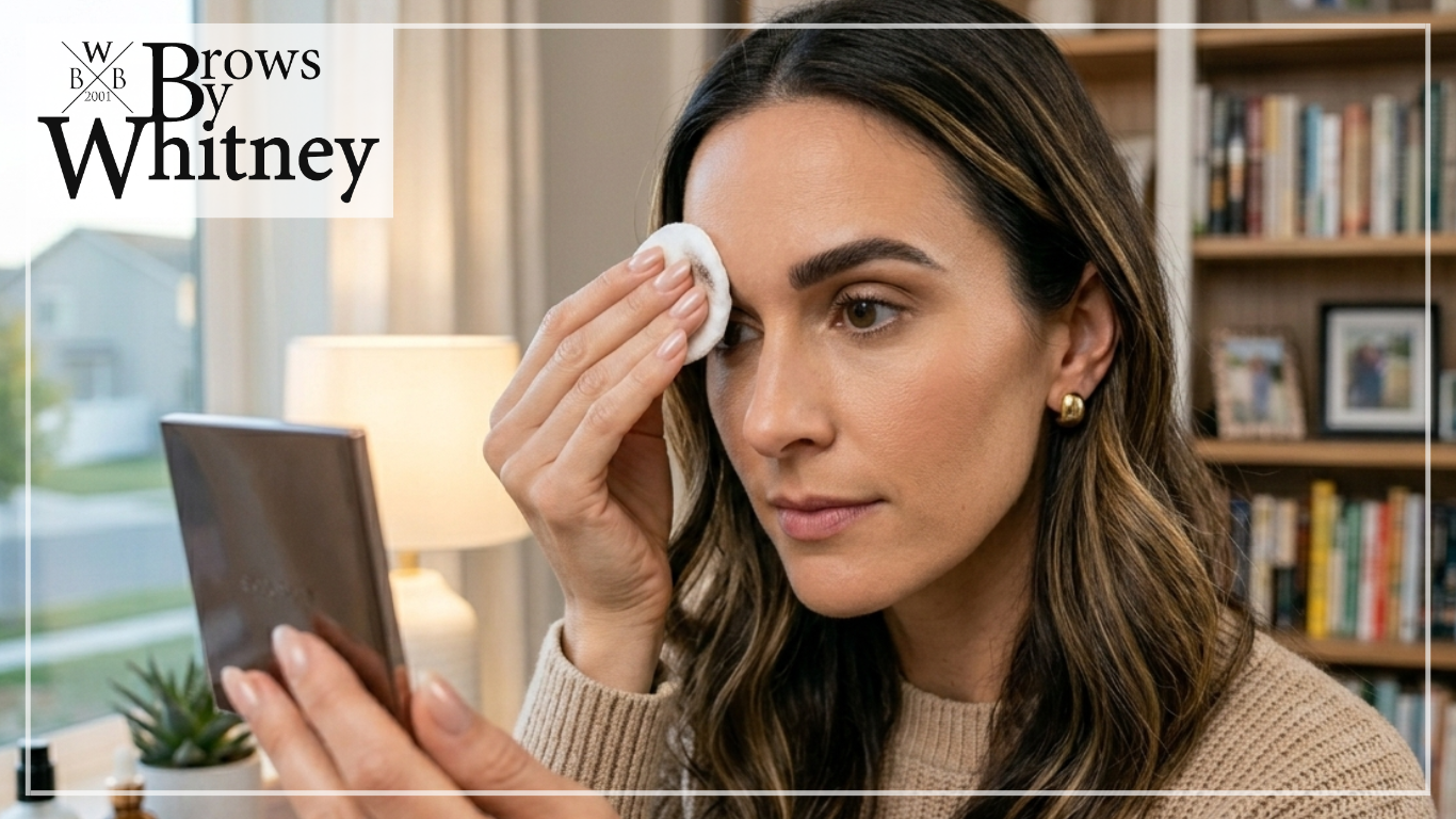 A woman carefully dabbing her eyebrows with a damp cotton round as part of her microblading aftercare routine.