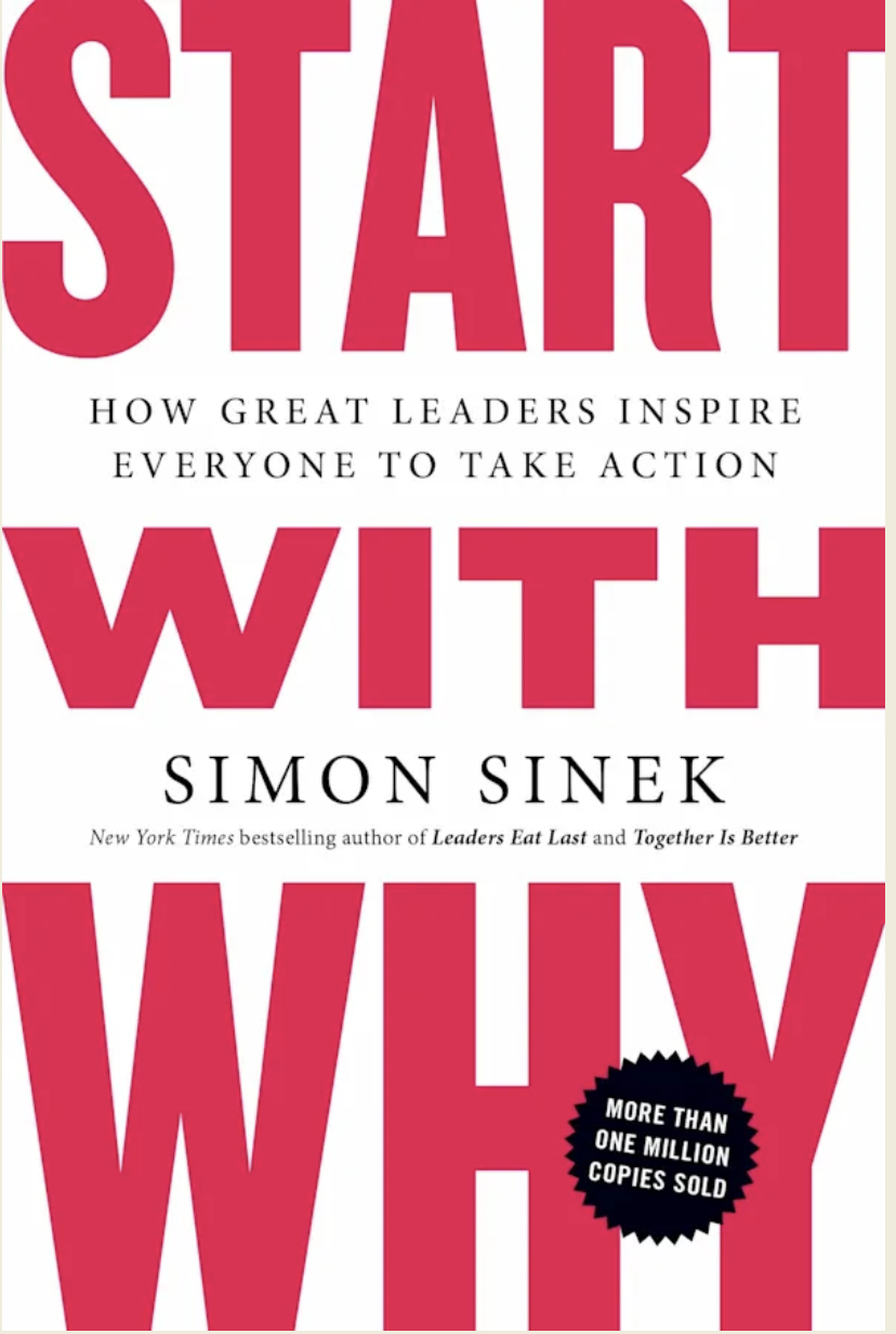 Book cover titled "Start With Why" by Simon Sinek, with the subtitle "How Great Leaders Inspire Everyone to Take Action" and a badge indicating "More Than One Million Copies Sold."