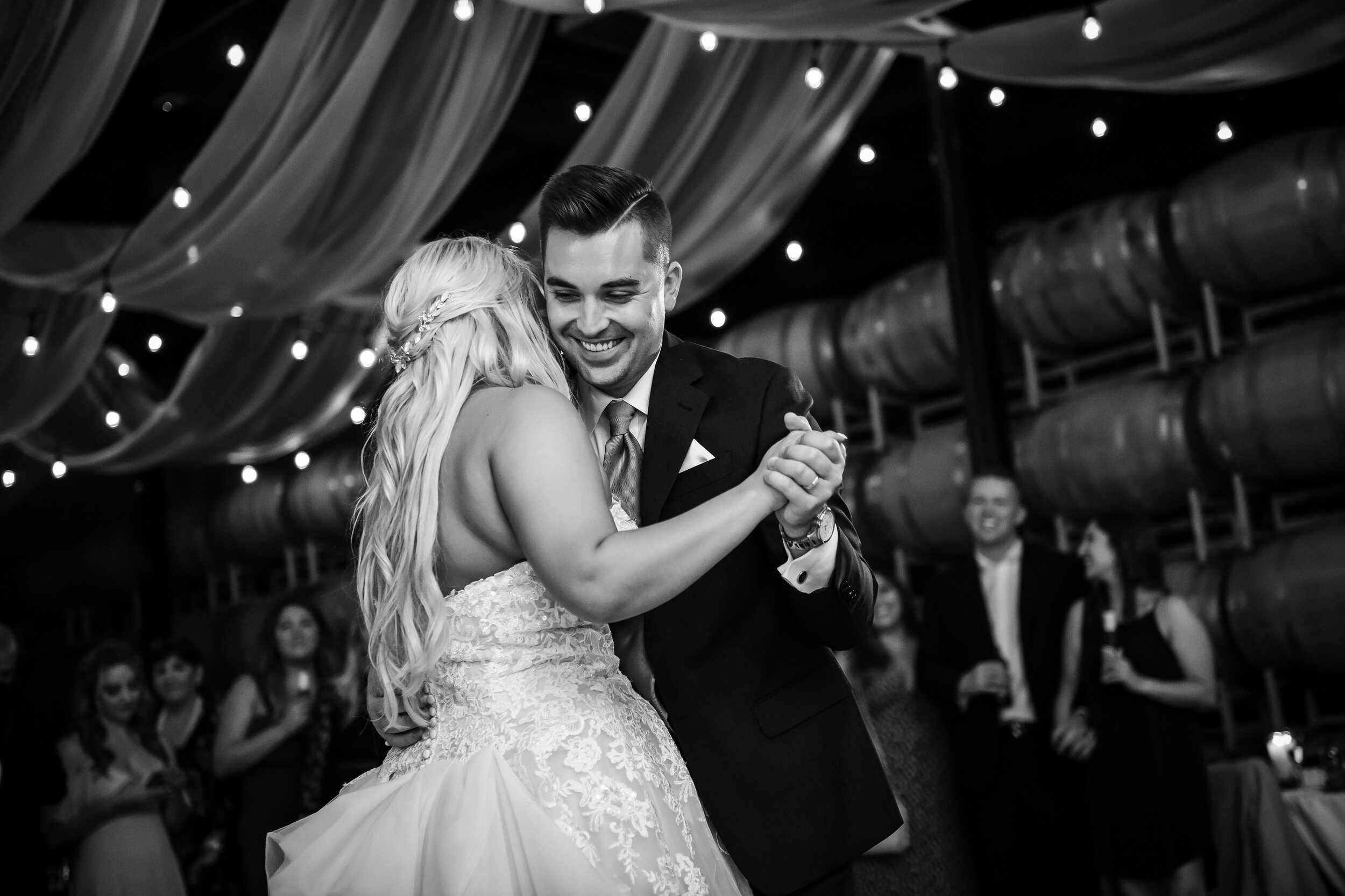 columbia-winery-barrel-room-pacific-engagements-bride-and-groom-first-dance