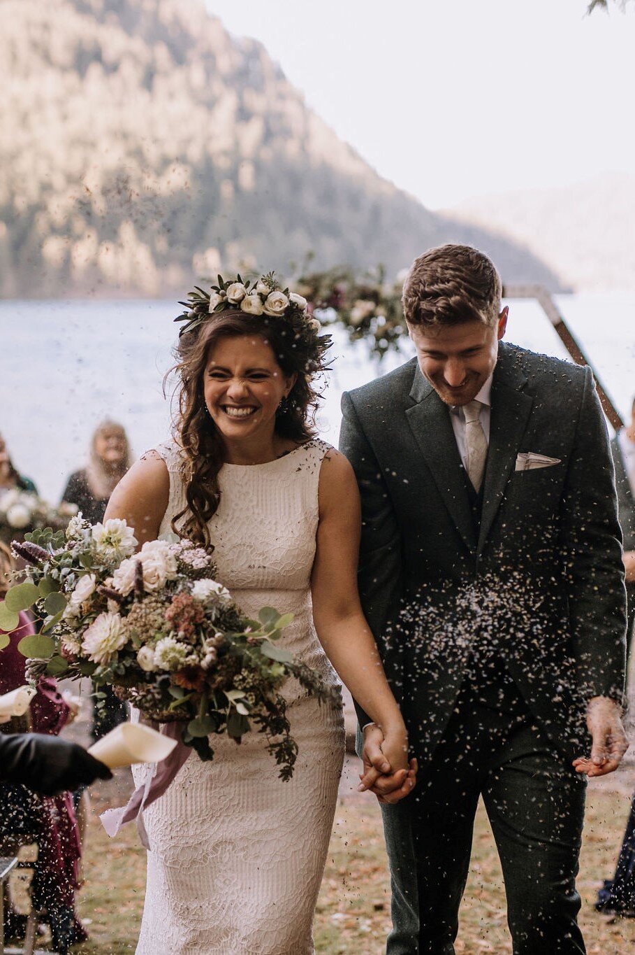 pacific-engagements-lake-crescent-lodge-wedding-ceremony-outdoors-bride-and-groom-walking-down-aisle-pictures-seattle-bride-and-groom