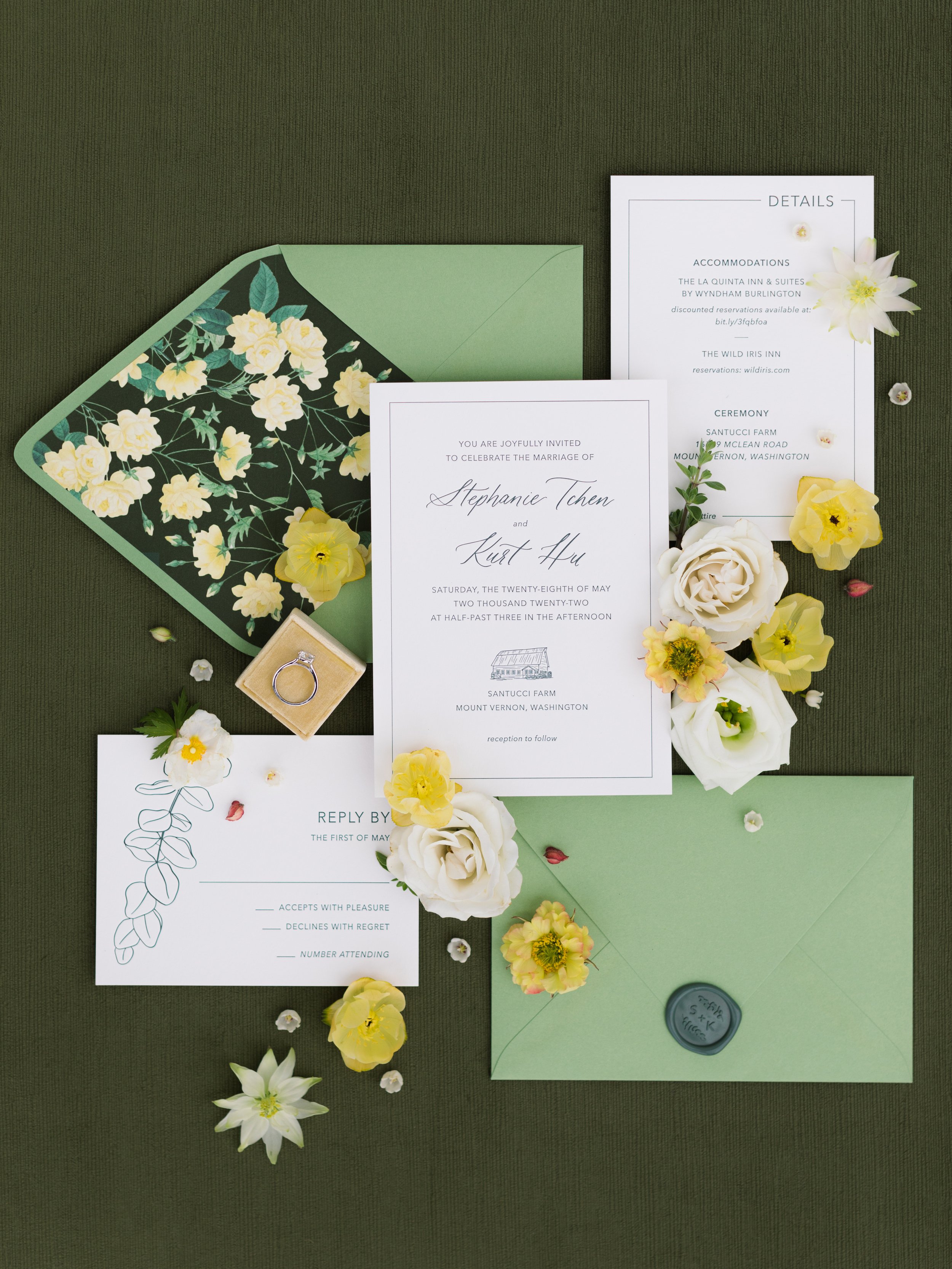 pacific-engagements-tetiana-photography-santucci-farm-wedding-invitations-with-green-envelopes