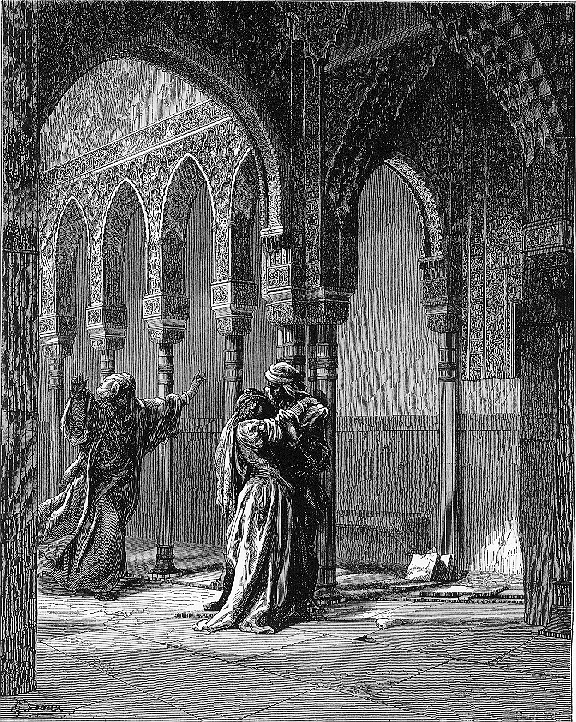 Zoraida falls in the Captains arms, engraving by Gustavo Doré, 1888