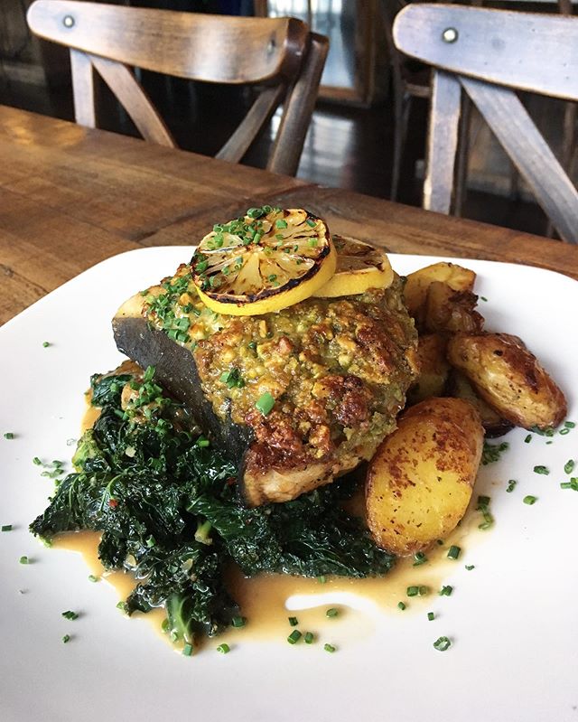 Pistachio Crusted Swordfish over Kale &amp; Fingerlings!
.
With all the fun events today be sure to come in out of the cold to warm up with us! .
Say Hi to @hanksclamshack Down at @levitatebrand  #flannelfest .
Or go wish our friends at @untoldbrewin