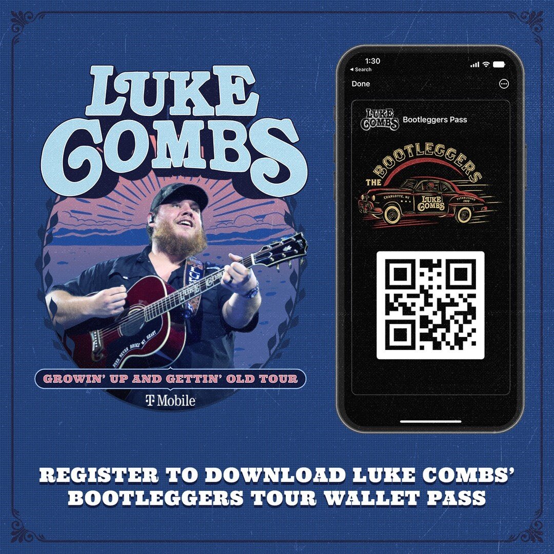 Coming to @LukeCombs on May 3rd and 4th? Register for the Bootleggers tour wallet pass where you will be eligible for select offers such as ticket upgrades, merch fast lanes, and other on-site offers! You must be part of Luke Combs&rsquo; official fr