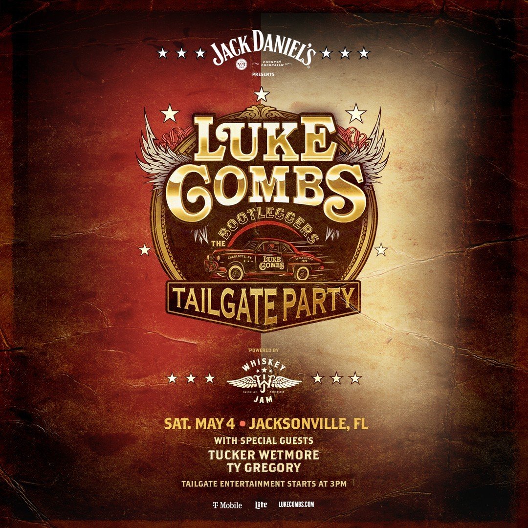 Join us for the Luke Combs Bootleggers Tailgate Party before his show at EverBank Stadium on Saturday, May 4th! Starting at 3PM, see Whiskey Jam favorites Tucker Wetmore &amp; Ty Gregory, plus enjoy early merchandise sales and food &amp; beverage opt